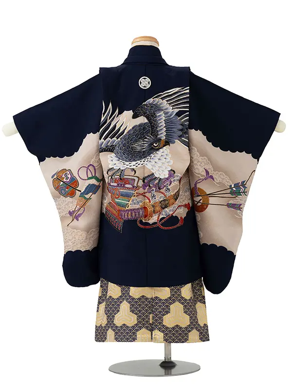 七五三レンタル(3歳男児袴)／紺鷹矢羽根×黒金毘沙門亀甲袴 F041