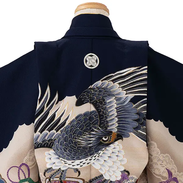 七五三レンタル(3歳男児袴)／紺鷹矢羽根×黒金毘沙門亀甲袴 F041