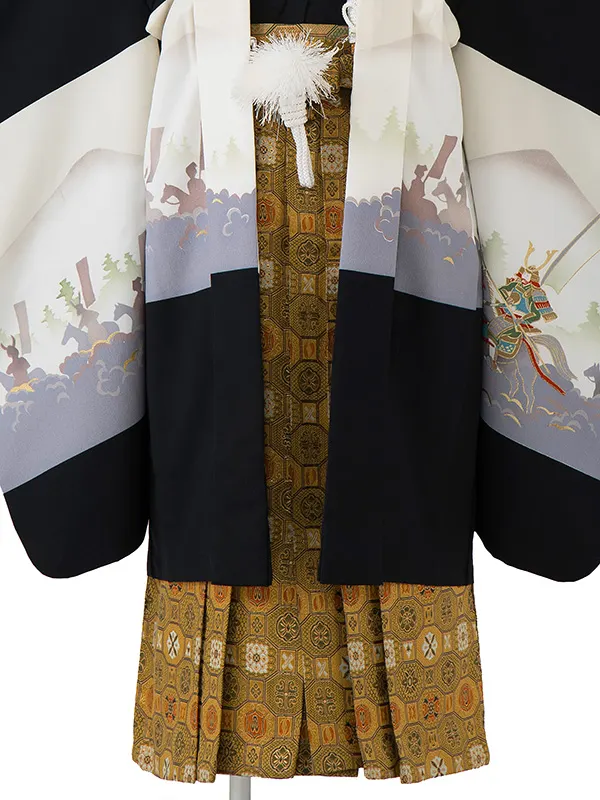 七五三レンタル(5歳6歳男児袴)／黒騎馬武者×茶蜀江紋袴 F050