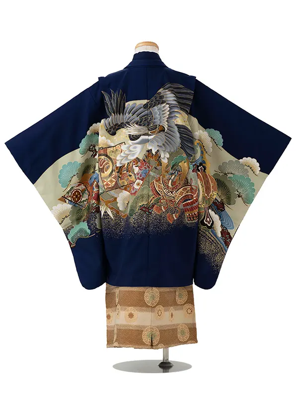 七五三レンタル(5歳6歳男児袴)／紺鷹兜×ベージュ華紋袴 G126