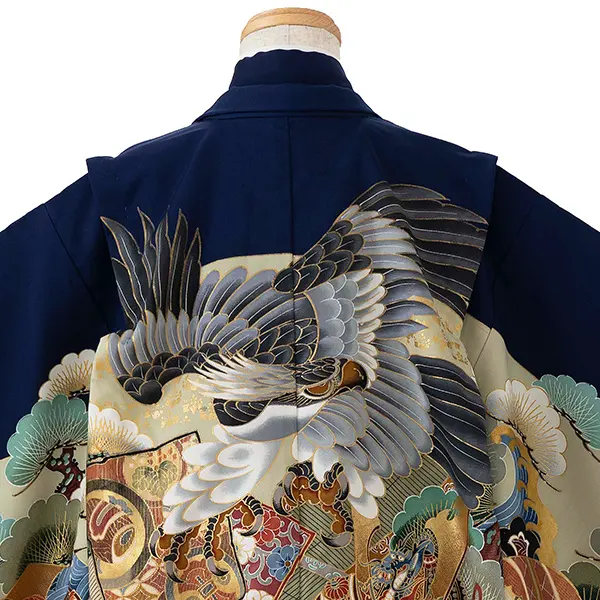 七五三レンタル(5歳6歳男児袴)／紺鷹兜×ベージュ華紋袴 G126