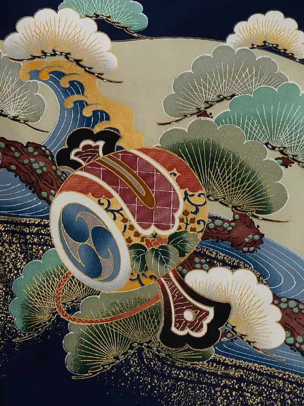 七五三レンタル(5歳6歳男児袴)／紺鷹兜×ベージュ華紋袴 G126