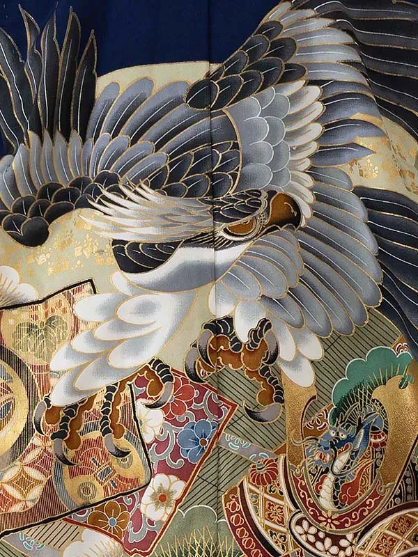 七五三レンタル(5歳6歳男児袴)／紺鷹兜×ベージュ華紋袴 G126