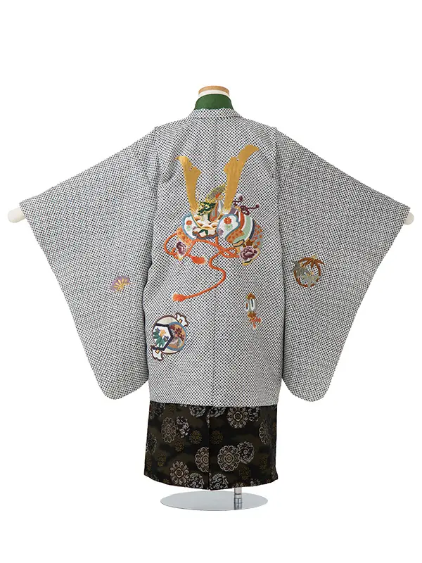 七五三レンタル(7歳男児袴)／白鹿の子兜刺繍×黒華紋袴 G146