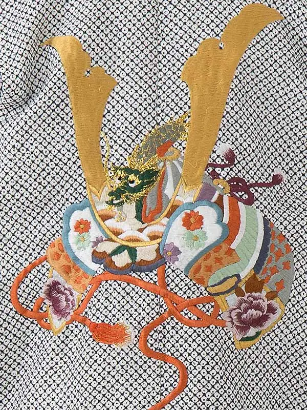 七五三レンタル(7歳男児袴)／白鹿の子兜刺繍×黒華紋袴 G146