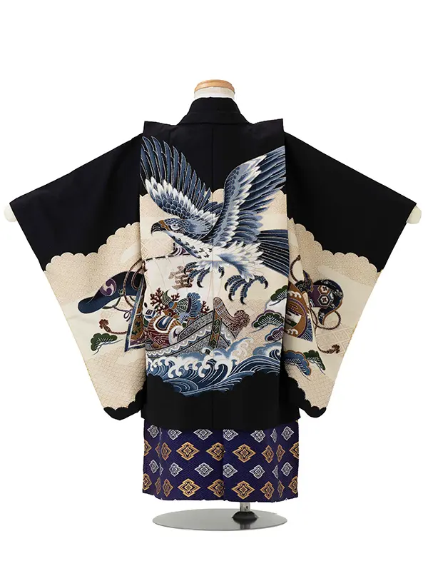 七五三レンタル(3歳男児袴)／黒鷹宝船×紺松皮菱袴 G163