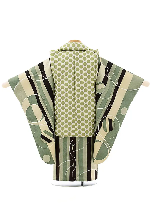 七五三レンタル(3歳男児被布)／緑ドット×緑ストライプ幾何学模様 J209