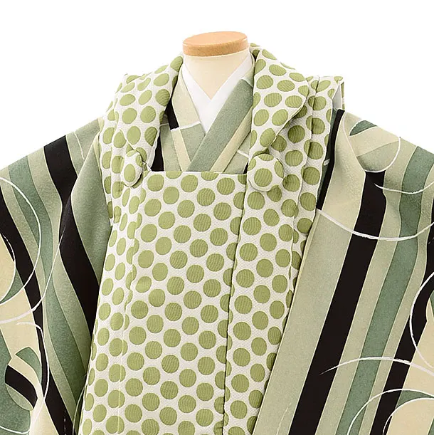 七五三レンタル(3歳男児被布)／緑ドット×緑ストライプ幾何学模様 J209