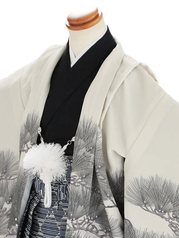 かんたん七五三レンタル(5歳6歳男児袴)／白兜松×グレー菱縞袴 J567