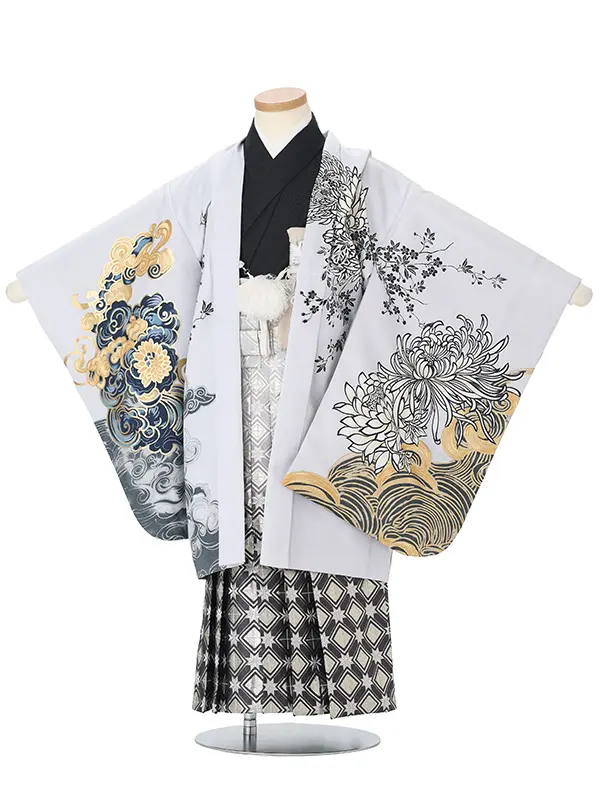 かんたん七五三レンタル(5歳男児袴)グレー 菊鷹×黒銀菱袴 J577