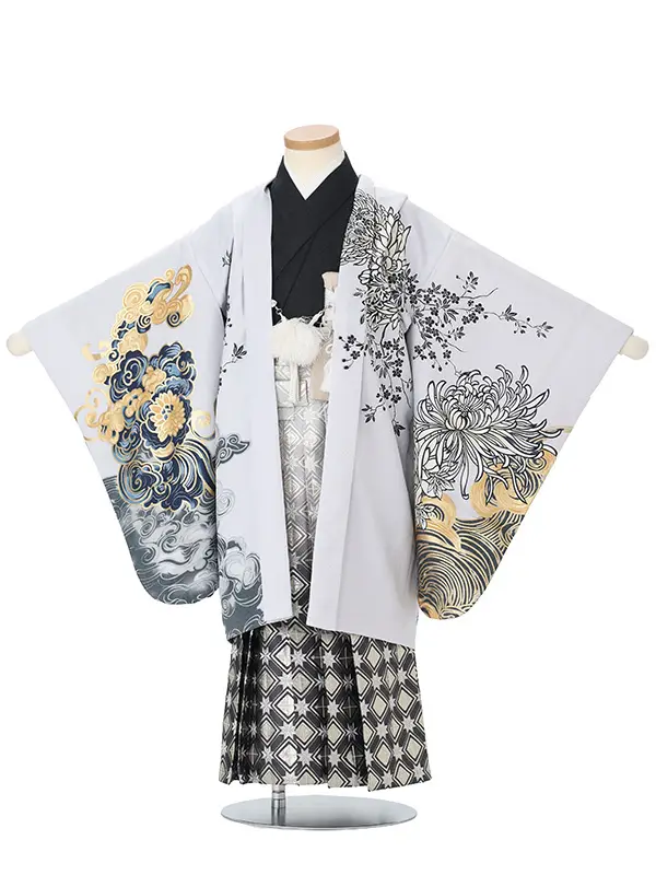 かんたん七五三レンタル(5歳男児袴)グレー 菊鷹×黒銀菱袴 J577