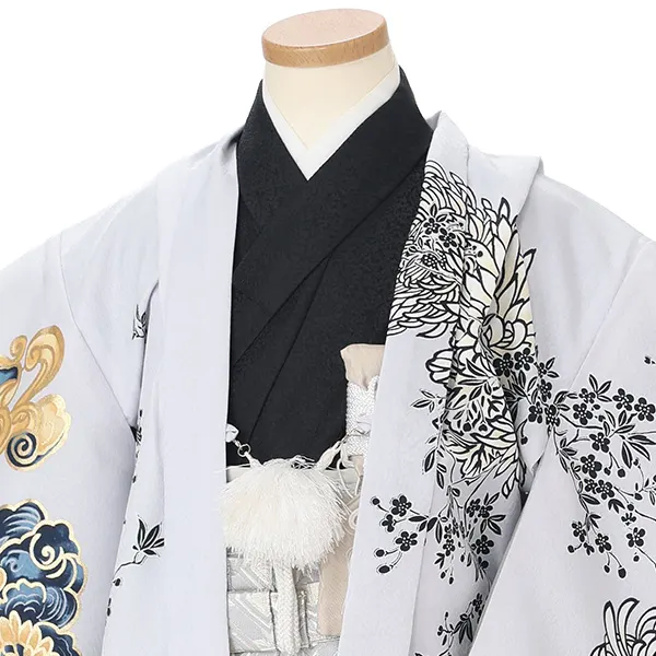 かんたん七五三レンタル(5歳男児袴)グレー 菊鷹×黒銀菱袴 J577