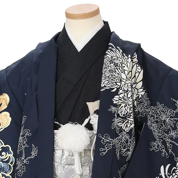 かんたん七五三レンタル(5歳男児袴)紺 菊鷹×黒銀菱袴 J578