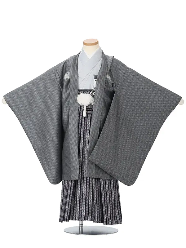 かんたん七五三レンタル(5.6歳男児袴)グレー紋付×黒紫袴 J579