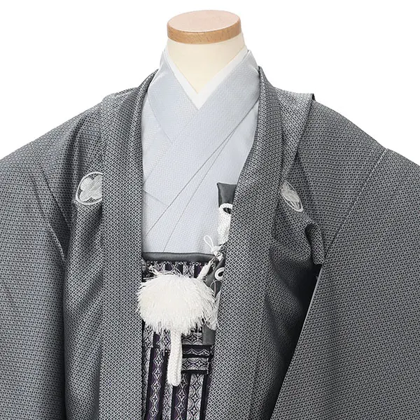 かんたん七五三レンタル(5.6歳男児袴)グレー紋付×黒紫袴 J579