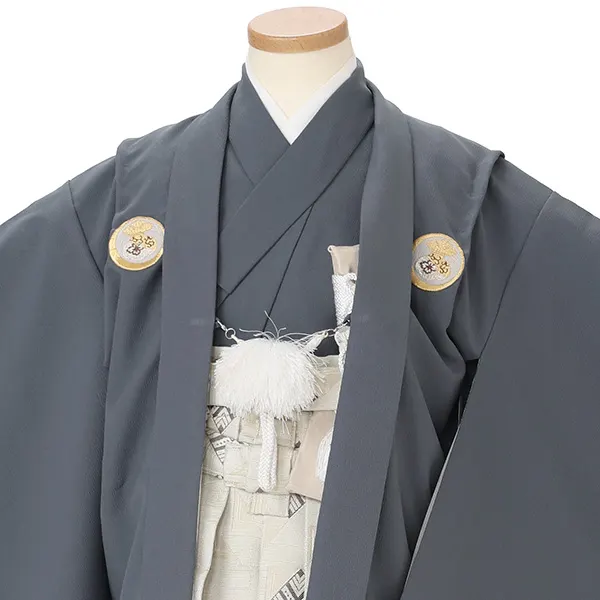 かんたん七五三レンタル(5歳男児袴)グレー紋付×ベージュ菱袴 J580
