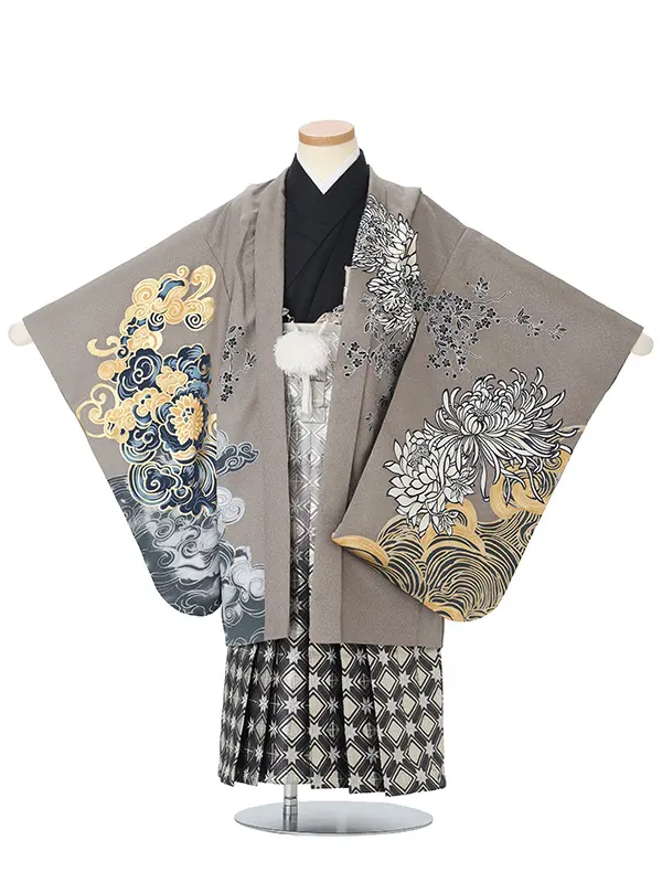かんたん七五三レンタル(5歳男児袴)グレー菊虎×黒銀菱袴 J581