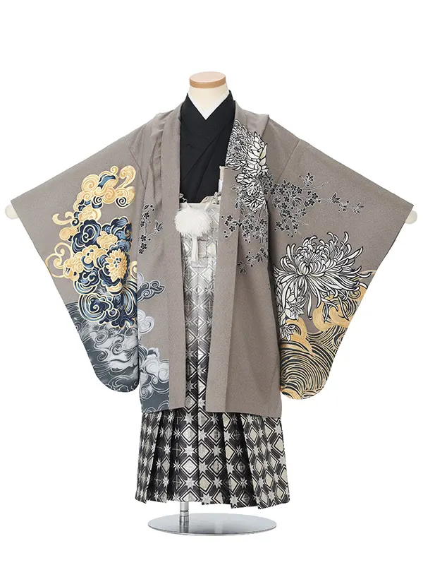 かんたん七五三レンタル(5歳男児袴)グレー菊虎×黒銀菱袴 J581