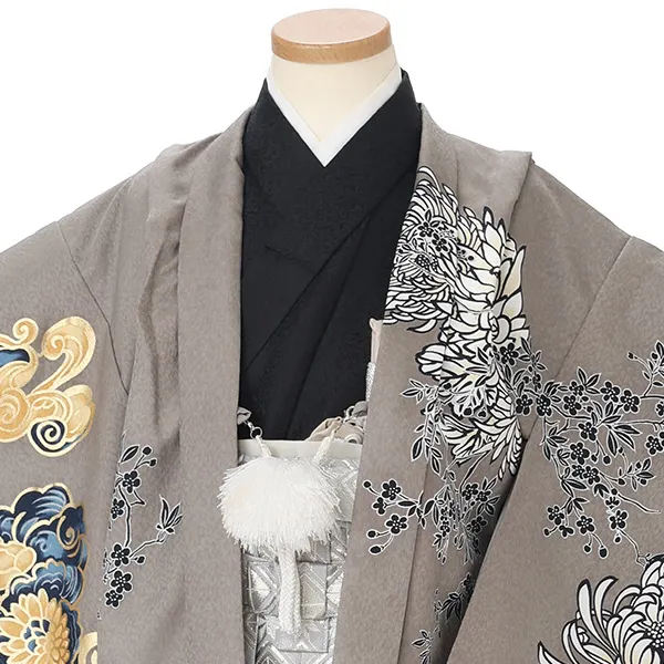 かんたん七五三レンタル(5歳男児袴)グレー菊虎×黒銀菱袴 J581