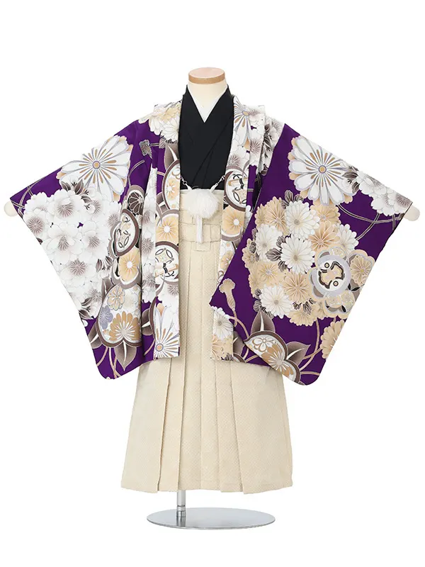 かんたん七五三レンタル(5歳男児袴)紫菊桜くす玉×ベージュ袴 J585