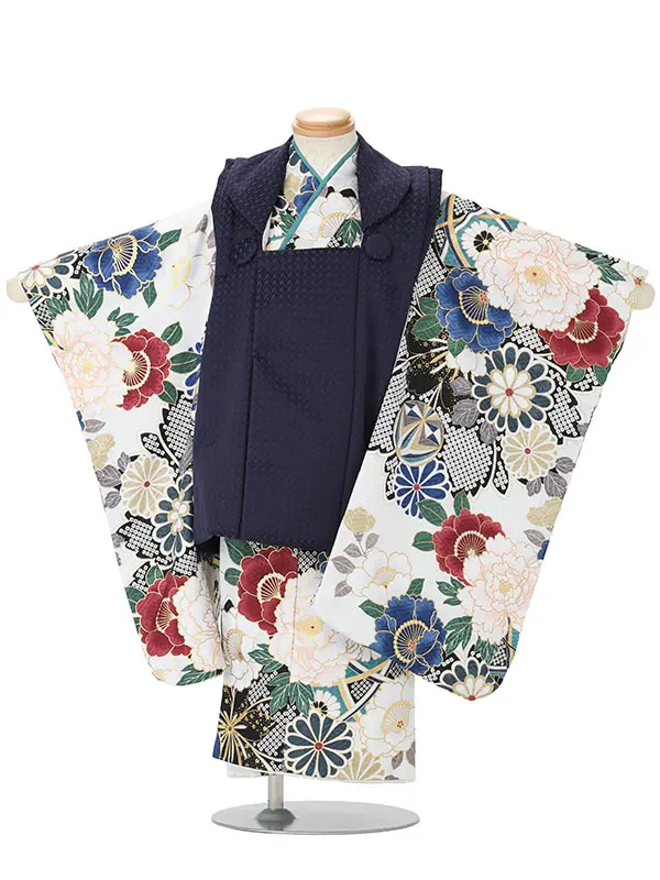 七五三レンタル(3歳男児被布)白×紺柄 牡丹に桜 J597