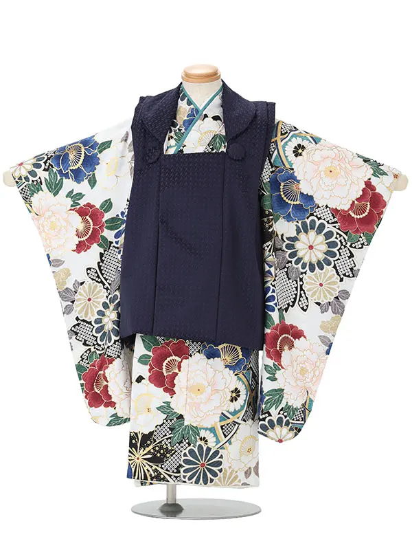 七五三レンタル(3歳男児被布)白×紺柄 牡丹に桜 J597