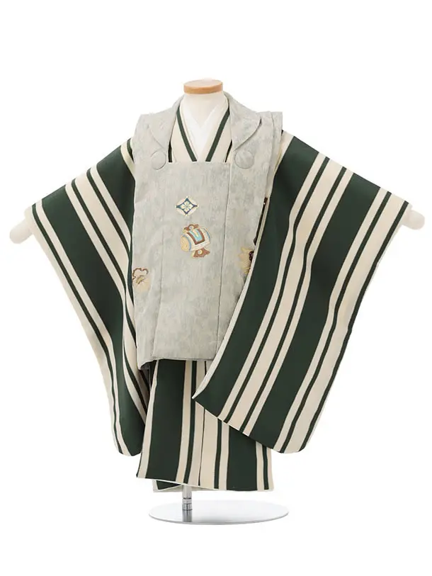 七五三レンタル(3歳男児被布)グレー×緑ストライプ J608
