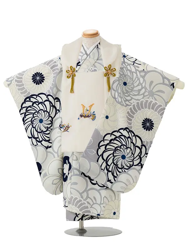 七五三レンタル(3歳男児被布)／ベージュ 兜×グレー 菊梅 W202