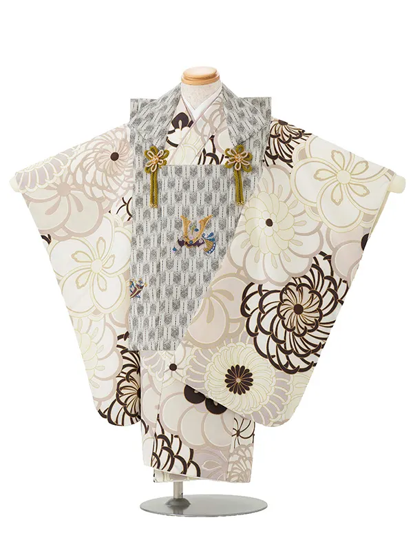 七五三レンタル(3歳男児被布)／白矢羽 兜×ベージュ 菊梅 W301