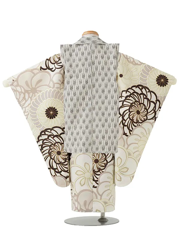 七五三レンタル(3歳男児被布)／白矢羽 兜×ベージュ 菊梅 W301