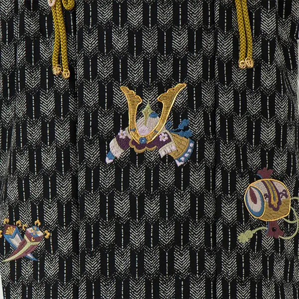 七五三レンタル(3歳男児被布)／黒矢羽 兜×グレー 菊梅 W402