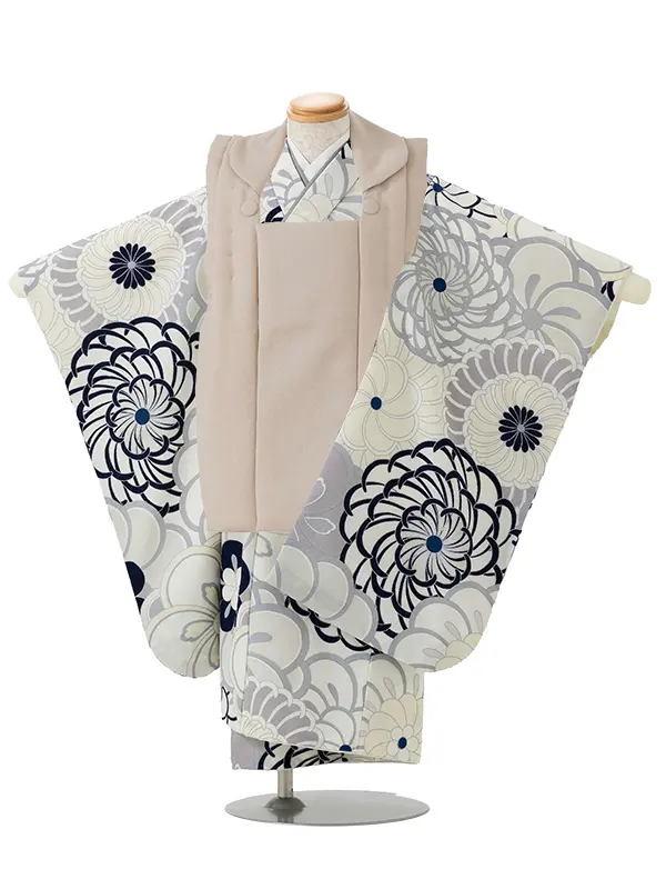 七五三レンタル(3歳男児被布)／ベージュ×グレー 菊梅 W502