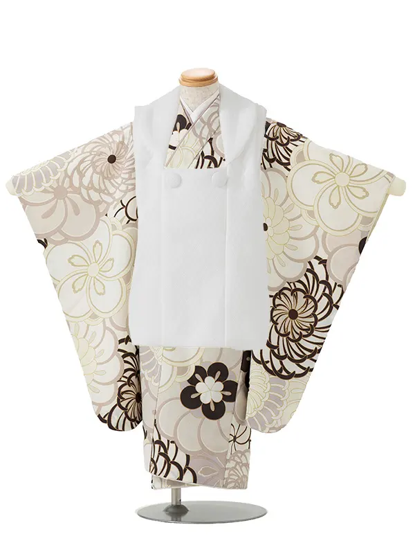 七五三レンタル(3歳男児被布)／白 格子×ベージュ 菊梅 W601