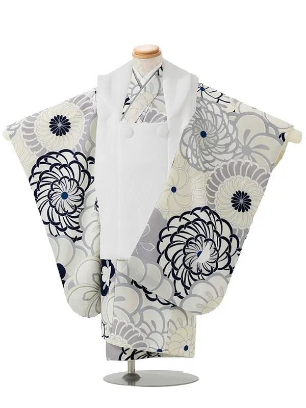 七五三レンタル(3歳男児被布)／白 格子×グレー 菊梅 W602