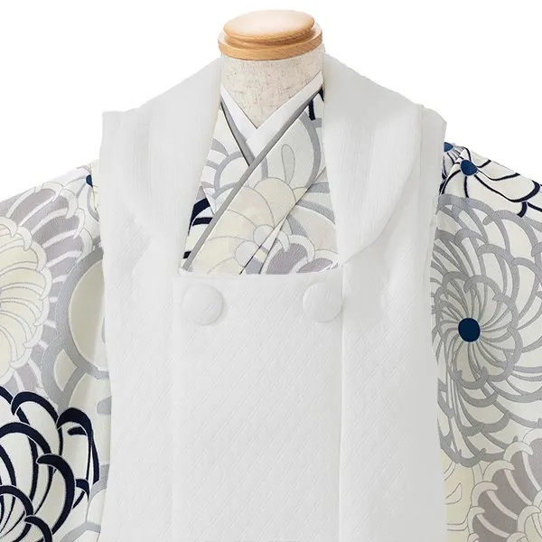 七五三レンタル(3歳男児被布)／白 格子×グレー 菊梅 W602