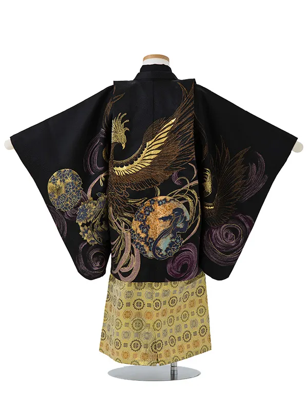 かんたん七五三レンタル(4歳5歳男児袴) 黒 鳳凰×金蜀江紋袴 Y059