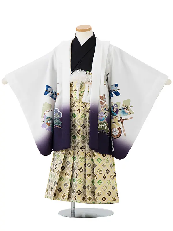 かんたん七五三レンタル(4歳5歳男児袴) 白 矢羽×金業平菱袴 Y061