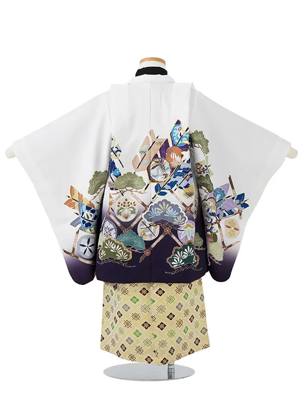 かんたん七五三レンタル(4歳5歳男児袴) 白 矢羽×金業平菱袴 Y061