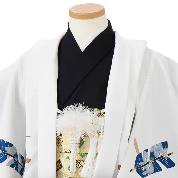 かんたん七五三レンタル(4歳5歳男児袴) 白 矢羽×金業平菱袴 Y061