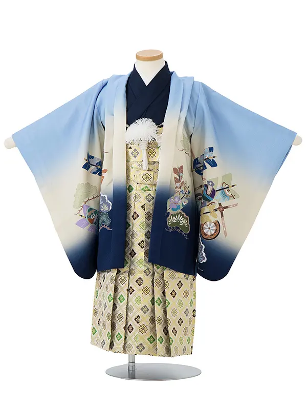 かんたん七五三レンタル(4歳5歳男児袴) 水色 矢羽×金業平菱袴 Y062