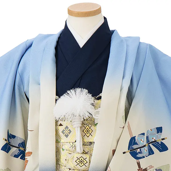 かんたん七五三レンタル(4歳5歳男児袴) 水色 矢羽×金業平菱袴 Y062