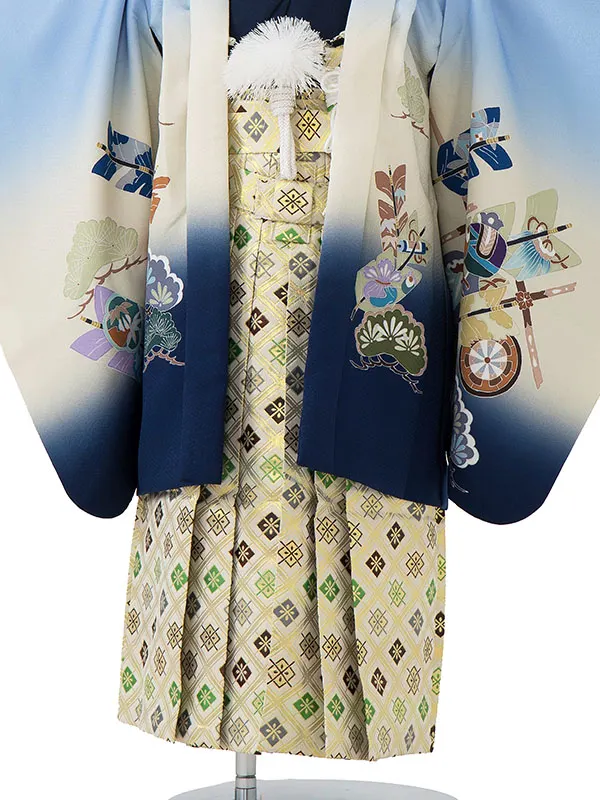 かんたん七五三レンタル(4歳5歳男児袴) 水色 矢羽×金業平菱袴 Y062