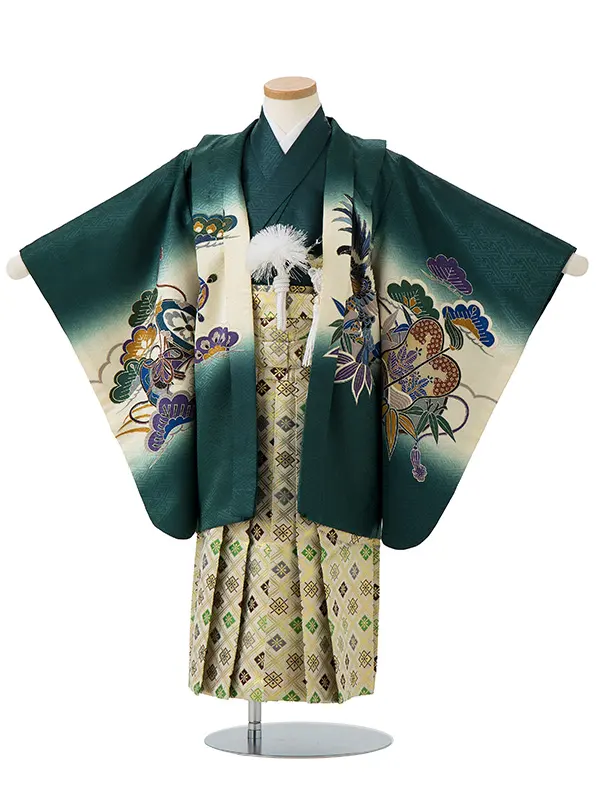 かんたん七五三レンタル(4歳5歳男児袴) 緑 宝船軍配×金業平菱袴 Y067