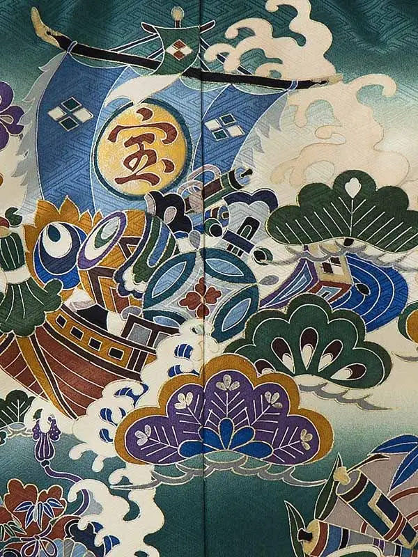 かんたん七五三レンタル(4歳5歳男児袴) 緑 宝船軍配×金業平菱袴 Y067