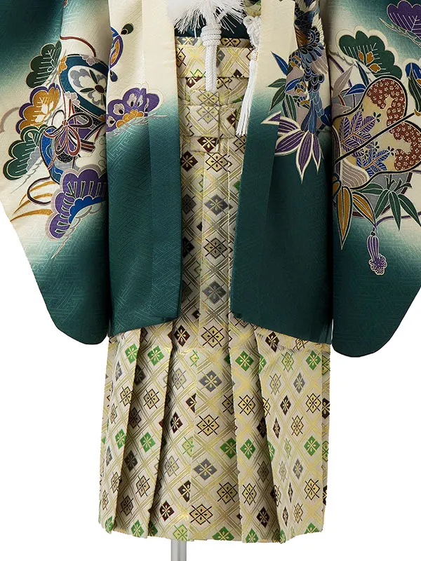 かんたん七五三レンタル(4歳5歳男児袴) 緑 宝船軍配×金業平菱袴 Y067