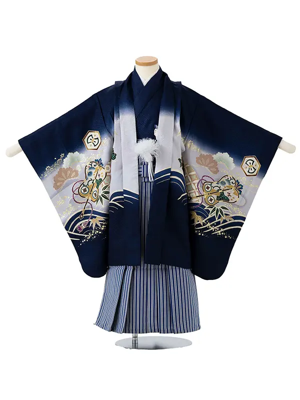 【正絹】かんたん七五三レンタル(5.6歳男児袴)  青×兜 Y072