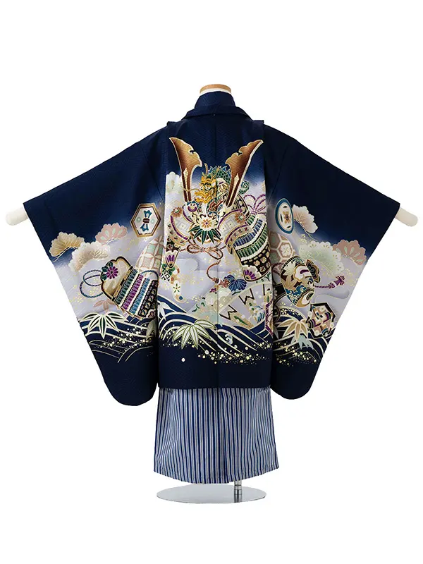 【正絹】かんたん七五三レンタル(5.6歳男児袴)  青×兜 Y072