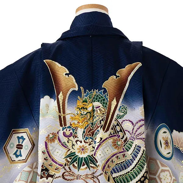 【正絹】かんたん七五三レンタル(5.6歳男児袴)  青×兜 Y072