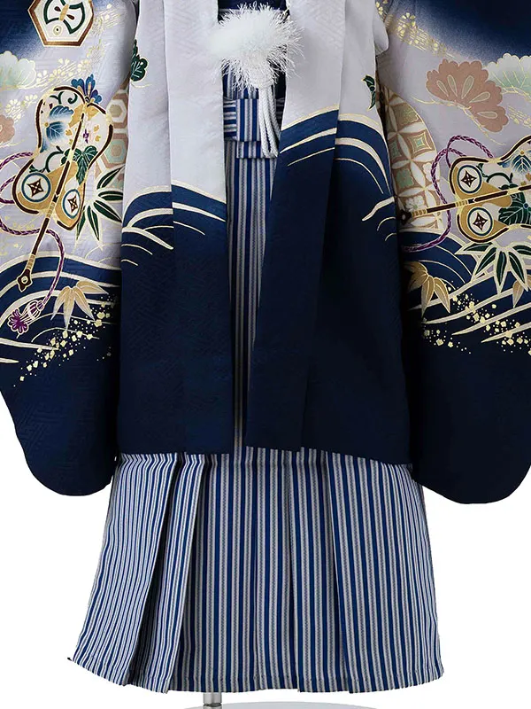 【正絹】かんたん七五三レンタル(5.6歳男児袴)  青×兜 Y072