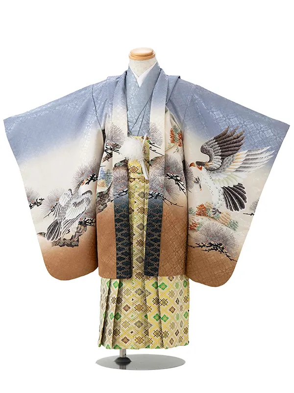 かんたん七五三レンタル(4歳5歳男児袴) グレー鷹松×金菱袴 Y084